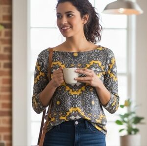 100% Pima Cotton Charter Club Yellow and Gray Long Sleeve Top